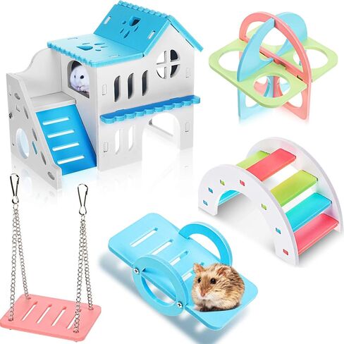 Skylety 5 Pieces Hamster Toys Include Wooden Hamster House Guinea Pig Hideout Rainbow Bridge Hamster Seesaw Hamster Swing Hamster Exercise Circle Cage Toy for Small Animals in Saudi Arabia