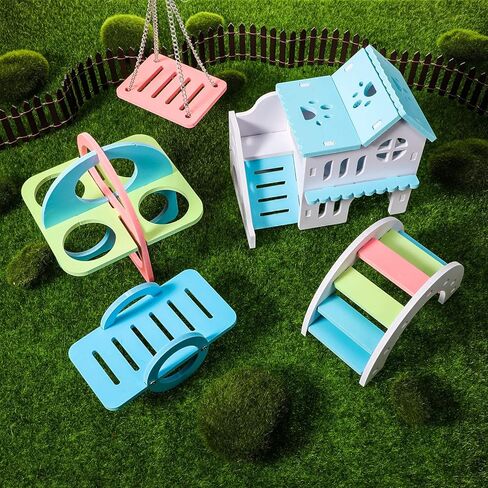 Skylety 5 Pieces Hamster Toys Include Wooden Hamster House Guinea Pig Hideout Rainbow Bridge Hamster Seesaw Hamster Swing Hamster Exercise Circle Cage Toy for Small Animals in Saudi Arabia