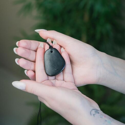 Karelian Heritage Shungite Stone Necklace | Round Shungite Pendant Amulet | Authentic Shungite Jewelry | Shungite Protection Necklace Shield | Crystal Healing Necklace for Meditation in Kuwait