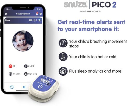 SNUZA PICO 2 New Model -Smart Sleep Monitor with Mobile App - Works Anywhere with or Without Your Phone to Track Breathing Motion, Body Position and Skin Temperature with Real-time alerts in Saudi Arabia