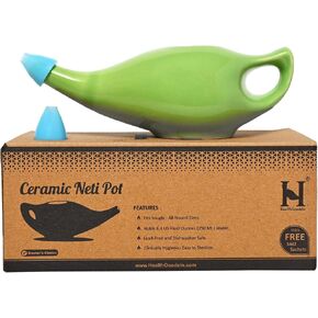 HealthGoodsIn Ceramic Neti Pot, Dishwasher Safe, Premium Handcrafted with 2 Silicone Nozzle and Salt for Sinus - 225 Ml. Capacity (Brown) in Kuwait