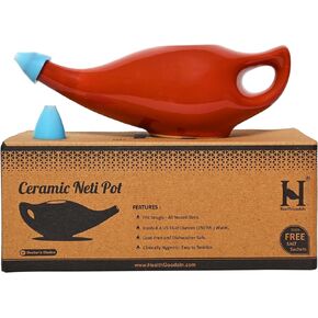 HealthGoodsIn Ceramic Neti Pot, Dishwasher Safe, Premium Handcrafted with 2 Silicone Nozzle and Salt for Sinus - 225 Ml. Capacity (Brown)