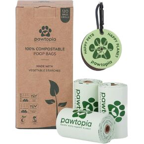 Pawtria Certified Home Compostable Dog Poop Bags (240 Bags + Kraft Paper Dispenser), Biodegradable Poop Bags, Cat Litter, Vegetable Starches, Leak proof Dog Waste Bags, Easy to Open