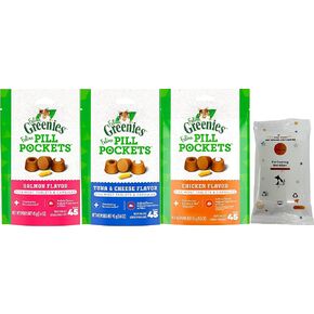 Aurora Pet Variety Pack (3) Feline Greenies Pill Pockets (1) Chicken (1) Salmon (1) Tuna & Cheese Flavor Natural Soft Adult Cat Treats (1.6-oz Each) with AuroraPet Wipes in Kuwait