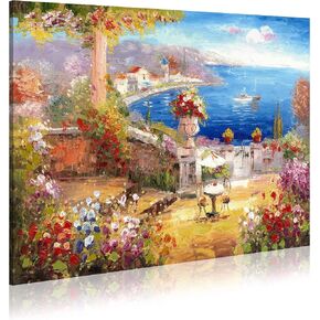 Italy Painting Oil Canvas Wall Art： Mediterranean Cityscape Artwork Italian Sea Picture Modern City Street Decoration Landscape Prints for Paris Cafe Room Decor in Kuwait