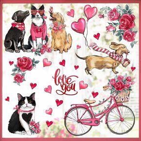 امفولت 101 قطعة من ملصقات نافذة عيد الحب، 4 ورقات، ملصقات حائط بعبارة Love You Dogs Cats Valentine، ملصقات للديكور، جرو كيتي، قلوب وردية وردية، دراجة الذكرى السنوية لغرفة المعيشة وديكور المنزل والمطبخ