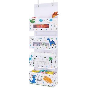 WERNNSAI Dinosaur Over Door Hanging Organizer - Behind Door Storage with 4 Clear Window Pockets for Baby Boys Room Organization Toy Diaper Closet Pantry Bedroom Bathroom Nursery Decor