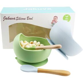 Jakuva Silicone Baby Bowls with Spoon, 2PCS Baby Feeding Set Suction Bowls for Kids Toddlers -BPA Free-Baby Dishes Utensils (Green & Blue)