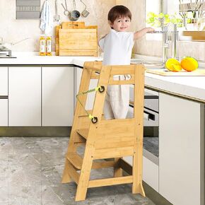 XiaZ Kids Kitchen Step Stool, Bamboo Toddler Standing Tower Height Adjustable Wood Helper Tower with Safety Belt for Kids Kitchen Learning Counter Bathroom Sink in Kuwait