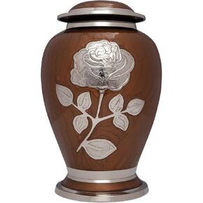 Ansons Urns Silver Rose Cremation Urn - Funeral Urn with Large Flower on Enamel - Burial Urn for Human Ashes Adult Size - 100% Brass (Brown)