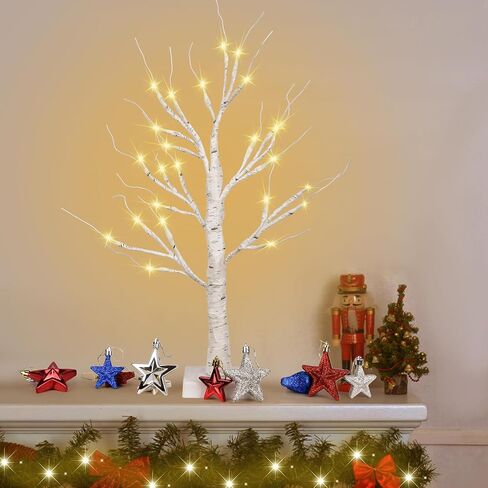 CGYUJISD 2FT شجرة البتولا البيضاء مع 24 أضواء LED تعمل بالبطارية، شجرة صناعية صغيرة مركزية على الطاولة لغرفة النوم المنزلية وديكور الشتاء والزفاف in Kuwait