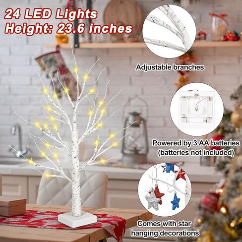 CGYUJISD 2FT شجرة البتولا البيضاء مع 24 أضواء LED تعمل بالبطارية، شجرة صناعية صغيرة مركزية على الطاولة لغرفة النوم المنزلية وديكور الشتاء والزفاف in Kuwait