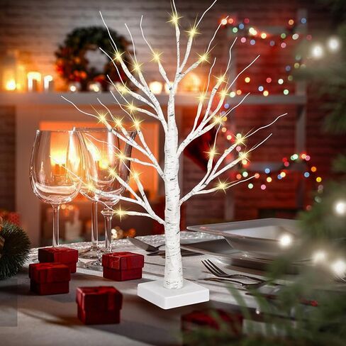 CGYUJISD 2FT شجرة البتولا البيضاء مع 24 أضواء LED تعمل بالبطارية، شجرة صناعية صغيرة مركزية على الطاولة لغرفة النوم المنزلية وديكور الشتاء والزفاف in Kuwait