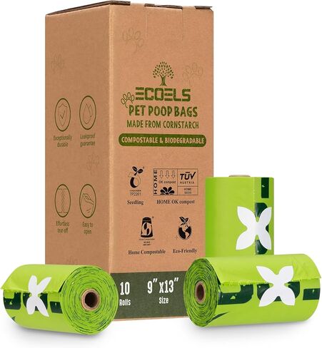 ECOELS 150 Dog Poo Bags 100% Compostable & Biodegradable Extra Large, Strong & Leakproof Poop Bags | Cornstarch-Made | Certified-OK COMPOST HOME, EN13432, US-ASTM BPI| Unscented 10 rolls Poo Bags Dogs in Saudi Arabia