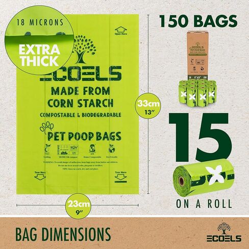 ECOELS 150 Dog Poo Bags 100% Compostable & Biodegradable Extra Large, Strong & Leakproof Poop Bags | Cornstarch-Made | Certified-OK COMPOST HOME, EN13432, US-ASTM BPI| Unscented 10 rolls Poo Bags Dogs in Saudi Arabia