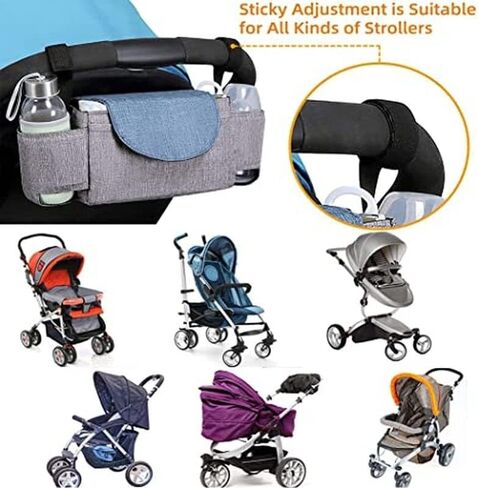 حقيبة تنظيم عربة الأطفال YWHWLX مع حاملات أكواب، منظم ملحقات عربة الأطفال وحامل الزجاجة يناسب معظم عربات الأطفال للزجاجة والحفاضات والهاتف والمفاتيح والألعاب (أزرق) in Kuwait
