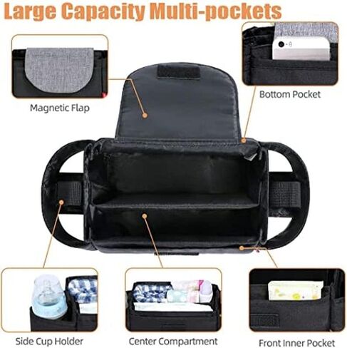 حقيبة تنظيم عربة الأطفال YWHWLX مع حاملات أكواب، منظم ملحقات عربة الأطفال وحامل الزجاجة يناسب معظم عربات الأطفال للزجاجة والحفاضات والهاتف والمفاتيح والألعاب (أزرق) in Kuwait