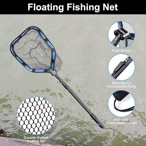 PLUSINNO Floating Fishing Net for Steelhead, Salmon, Fly, Kayak, Catfish, Bass, Trout Fishing, Rubber Coated Landing Net for Easy Catch & Release, Compact & Foldable for Easy Transportation & in Kuwait