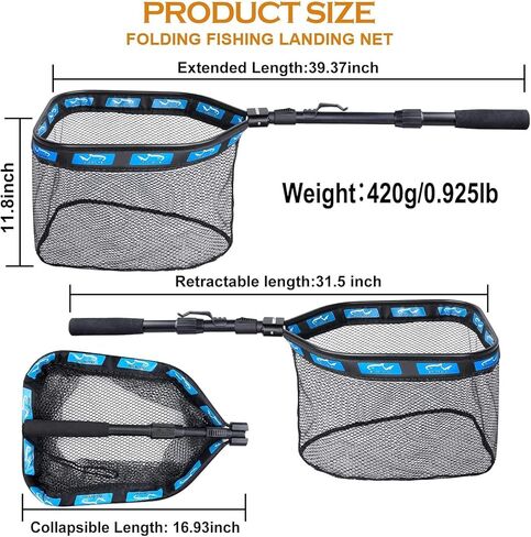 PLUSINNO Floating Fishing Net for Steelhead, Salmon, Fly, Kayak, Catfish, Bass, Trout Fishing, Rubber Coated Landing Net for Easy Catch & Release, Compact & Foldable for Easy Transportation & in Kuwait