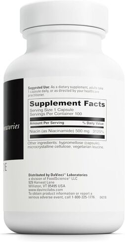 DAVINCI Labs Niacinamide - Dietary Supplement with Vitamin B3 to Support Fat Metabolism, Circulation and Healthy Skin* - with 500 mg Niacinamide per Serving - Gluten-Free - 100 Vegetarian Capsules in Saudi Arabia