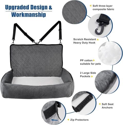 سرير مقعد سيارة للكلاب متوسطة وكبيرة الحجم، حزامان محدثان لسيارة الكلاب، مقعد خلفي للسيارة للسفر للكلاب، سرير سيارة مع وسادة زغب سميكة، قابل للإزالة والغسل، سرير مقعد سيارة للكلاب والجراء، رمادي اللون in Kuwait