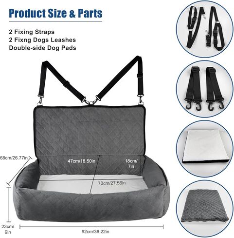 سرير مقعد سيارة للكلاب متوسطة وكبيرة الحجم، حزامان محدثان لسيارة الكلاب، مقعد خلفي للسيارة للسفر للكلاب، سرير سيارة مع وسادة زغب سميكة، قابل للإزالة والغسل، سرير مقعد سيارة للكلاب والجراء، رمادي اللون in Kuwait