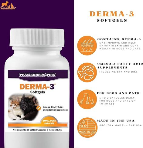 PICCARDMEDS4PETS Derma-3 كبسولات هلامية أوميجا 3 للكلاب والقطط الصغيرة 60 قيراط in Kuwait