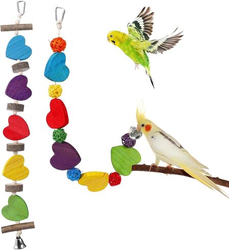 Alphatool 22.8" Bird Toys- Heart-Shaped Parrot Toys for Small & Medium Birds, Natural Wooden Bird Chewing Cage Toys for Parakeets Cockatiel Conures Lovebirds Budgie (2Pcs) in Kuwait