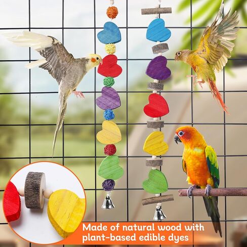Alphatool 22.8" Bird Toys- Heart-Shaped Parrot Toys for Small & Medium Birds, Natural Wooden Bird Chewing Cage Toys for Parakeets Cockatiel Conures Lovebirds Budgie (2Pcs) in Kuwait