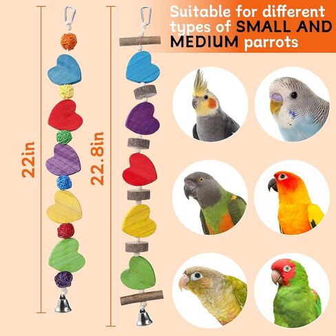 Alphatool 22.8" Bird Toys- Heart-Shaped Parrot Toys for Small & Medium Birds, Natural Wooden Bird Chewing Cage Toys for Parakeets Cockatiel Conures Lovebirds Budgie (2Pcs) in Kuwait