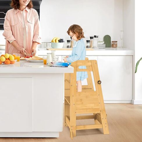 XiaZ Kids Kitchen Step Stool, Bamboo Toddler Standing Tower Height Adjustable Wood Helper Tower with Safety Belt for Kids Kitchen Learning Counter Bathroom Sink in Kuwait