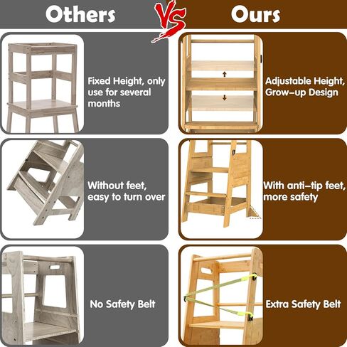 XiaZ Kids Kitchen Step Stool, Bamboo Toddler Standing Tower Height Adjustable Wood Helper Tower with Safety Belt for Kids Kitchen Learning Counter Bathroom Sink in Kuwait