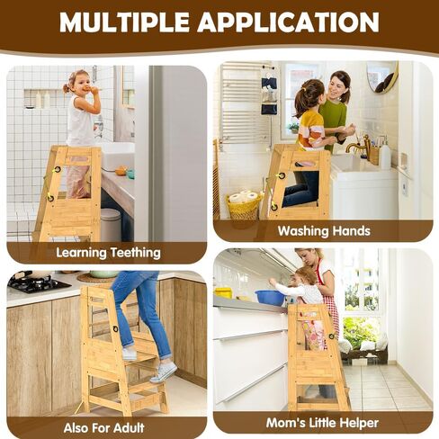 XiaZ Kids Kitchen Step Stool, Bamboo Toddler Standing Tower Height Adjustable Wood Helper Tower with Safety Belt for Kids Kitchen Learning Counter Bathroom Sink in Kuwait