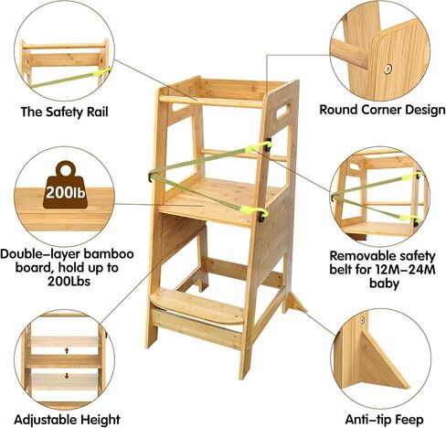 XiaZ Kids Kitchen Step Stool, Bamboo Toddler Standing Tower Height Adjustable Wood Helper Tower with Safety Belt for Kids Kitchen Learning Counter Bathroom Sink in Kuwait