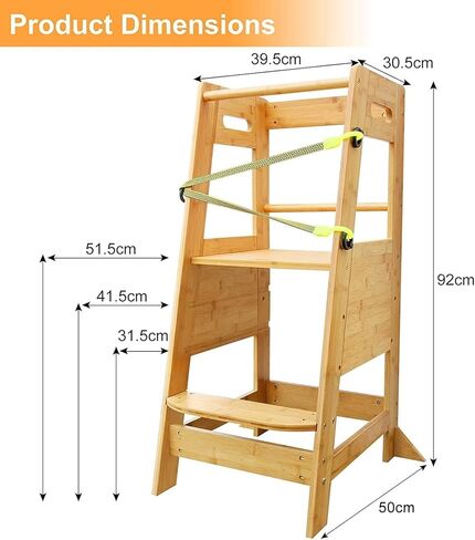 XiaZ Kids Kitchen Step Stool, Bamboo Toddler Standing Tower Height Adjustable Wood Helper Tower with Safety Belt for Kids Kitchen Learning Counter Bathroom Sink in Kuwait