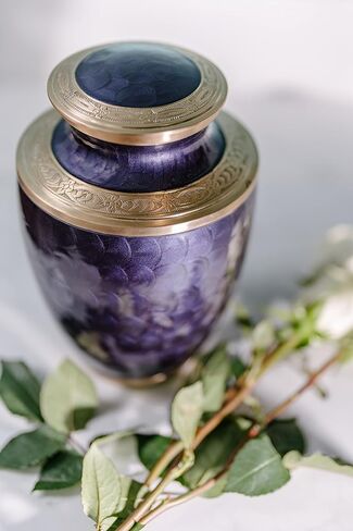 Cremation Urn for Adults - Purple and Gold Funeral Ashes Container - Made of Brass - for Men and Women up to 200lbs - Handcrafted in Kuwait