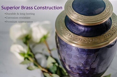 Cremation Urn for Adults - Purple and Gold Funeral Ashes Container - Made of Brass - for Men and Women up to 200lbs - Handcrafted in Kuwait