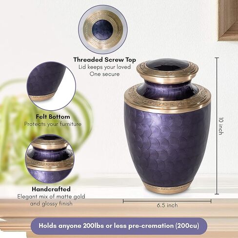 Cremation Urn for Adults - Purple and Gold Funeral Ashes Container - Made of Brass - for Men and Women up to 200lbs - Handcrafted in Kuwait
