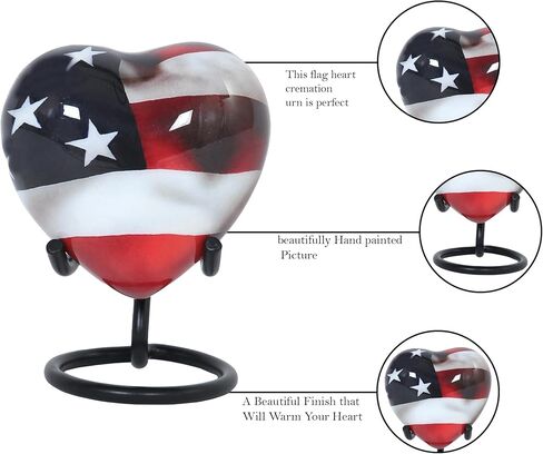 الجرار حرق الجثث على شكل قلب العلم الأمريكي | جرة حرق جثث القلب الصغيرة الوطنية مع حامل وحقيبة مخملية | تذكار رماد جرة الجنازة التذكارية للبشر والحيوانات الأليفة | جرة القلب الزخرفية المصنوعة يدويا in Kuwait
