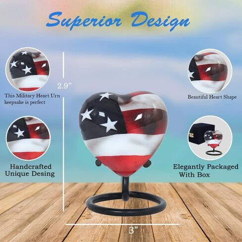 الجرار حرق الجثث على شكل قلب العلم الأمريكي | جرة حرق جثث القلب الصغيرة الوطنية مع حامل وحقيبة مخملية | تذكار رماد جرة الجنازة التذكارية للبشر والحيوانات الأليفة | جرة القلب الزخرفية المصنوعة يدويا in Kuwait