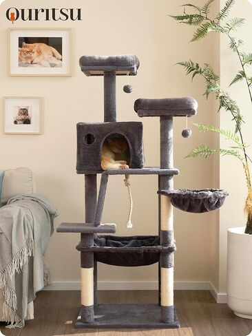 Ouritsu Cat Tree, 56.57" Tall Cat Tower, Two Padded Perches, Large Condo with Window for Large Cat Indoor, Kitten, Steel Framed Hammock, Scratching Post and ramp, Fluffy Basket, Dark Gray, LF001DG in Saudi Arabia