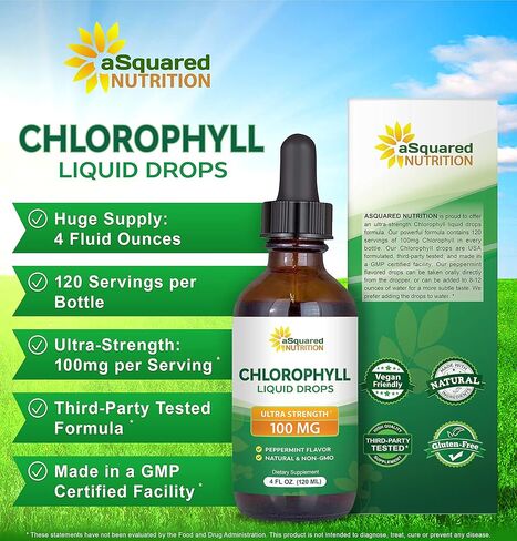 قطرات سائلة من الكلوروفيل للتغذية من aSquared - الكلوروفيل السائل الطبيعي للمياه - مكمل نباتي عشبي نقي بديل للكبسولات والحبوب والعلكة والمسحوق - 4 أونصة سائلة in Kuwait