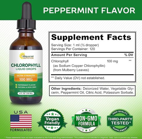 قطرات سائلة من الكلوروفيل للتغذية من aSquared - الكلوروفيل السائل الطبيعي للمياه - مكمل نباتي عشبي نقي بديل للكبسولات والحبوب والعلكة والمسحوق - 4 أونصة سائلة in Kuwait
