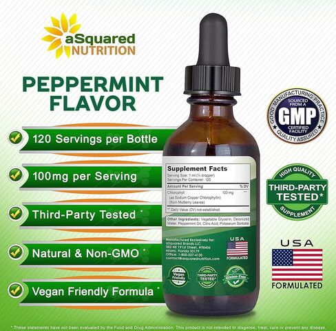 قطرات سائلة من الكلوروفيل للتغذية من aSquared - الكلوروفيل السائل الطبيعي للمياه - مكمل نباتي عشبي نقي بديل للكبسولات والحبوب والعلكة والمسحوق - 4 أونصة سائلة in Kuwait