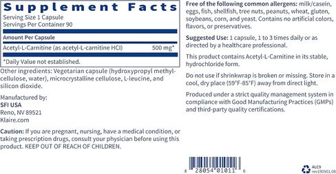Klaire Labs Acetyl-L-Carnitine 500 mg - مكمل أسيتيل L-Carnitine المضاد للحساسية - يعزز الصحة الإدراكية وإنتاج الطاقة - 500 مجم كارنيتين (90 كبسولة) in Saudi Arabia