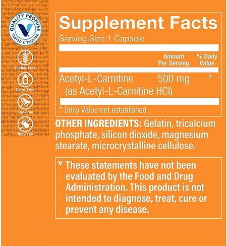 AcetylLCarnitine 500mg - يدعم وظيفة ذاكرة الدماغ الصحية، ويعزز إنتاج الطاقة - يقدم Carnipure™ أنقى أشكال LCarnitine (60 كبسولة) من فيتامين شوبي in Saudi Arabia