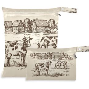 Kigai 2pcs Cow Farm Wet Dry Bags,Waterproof Reusable Cloth Diaper Wet Dry Bags for Travel,Diapers,Dirty Gym Clothes and Toiletries