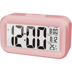 Upgraded Digital Alarm Clock, 4.3" LED Display with Temperature Larger Lound Light Control Portable Snooze Calendar Brightness with Battery Powered Alarm Clocks Bedside for Everyone (Black)