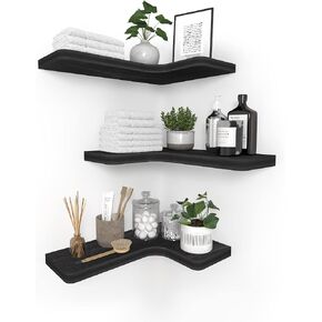SAUMONIERES Corner Floating Shelves Wall Mount Shelf Solid Wood for Bedroom Bathroom Room Kitchen Storage Set of 3, Black, Invisible Brackets in Kuwait