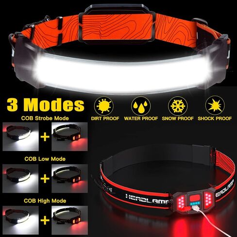 ALFU كشاف أمامي قابل لإعادة الشحن، 2 حزمة 240 درجة شعاع عريض فائق السطوع للرأس مقاوم للماء USB خفيف الوزن قابل للتعديل مصباح الرأس مع ضوء خلفي أحمر آمن للتخييم وركوب الدراجات والجري والصيد in Kuwait